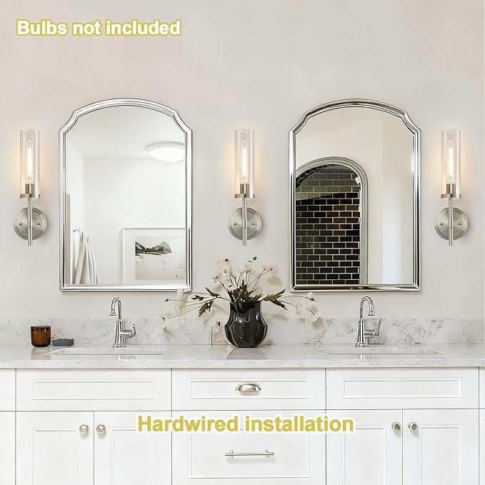 MOKATNG Wall Sconces Set of Two, Brushed Nickel Bathroom Sconces with Clear Glass, Hardwired Sconces Wall Decor Set of 2, Modern Wall Light Fixtures for Bathroom Mirror Living Room Bedroom Hallway