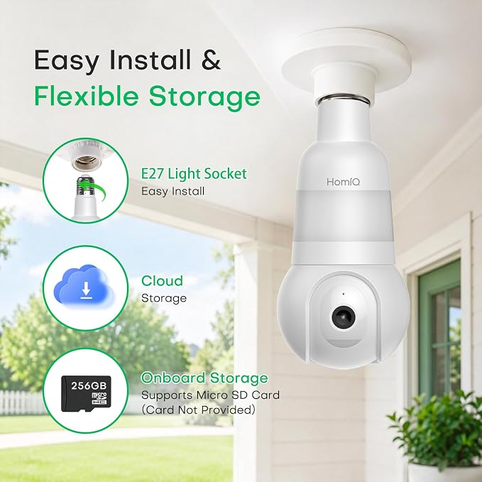 3MP 2K WiFi Light Bulb Camera with Alexa,Full-Color Night Vision,12x | 2.4GHz & 5GHz Wireless Light Bulb Cam,Two-Way Audio,Smart Motion Detection with Alexa,Indoor & Outdoor Use E26/27 Sockets