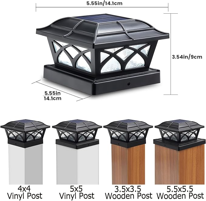 SIEDiNLAR Solar Post Cap Lights Outdoor Glass 2 Modes 8 LEDs for 4x4 5x5 6x6 Posts Deck Fence Patio Decoration Warm White/Cool White Lighting Black (2 Pack)