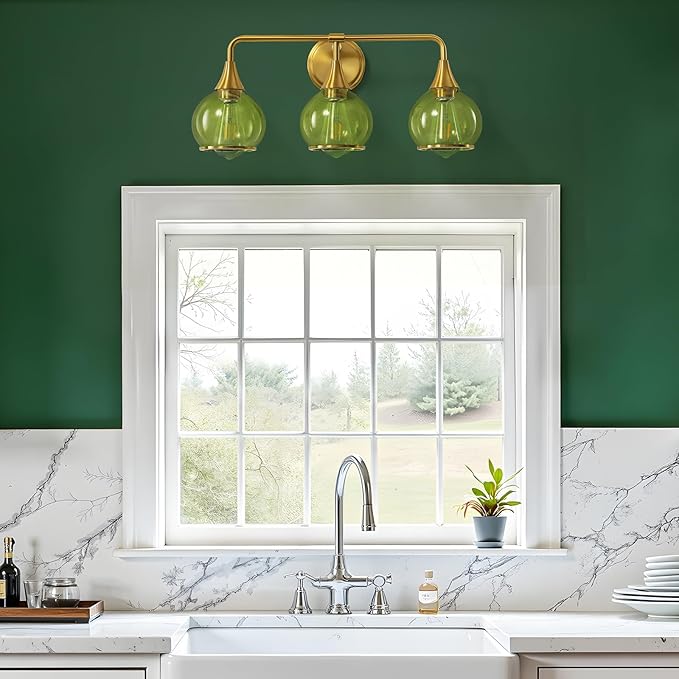 Brushed Gold Bathroom Vanity Light 3-Lights Bathroom Light Fixtures Over Mirror with Green Clear Glass Shade 22.4 inch Wall Sconce Lighting Bath(Exclude E26 Bulb)