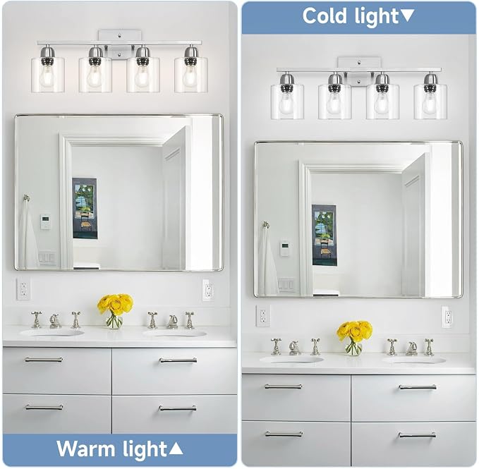 Modern Brushed Nickel 4 Light Bathroom Light Fixtures, 24 inch Vanity Lights for Bathroom with Clear Glass, Bathroom Vanity Light for Mirror Kitchen Living Room Hallway Cabinet Porch