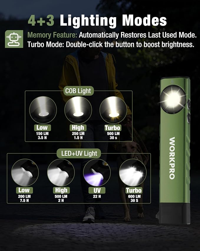 WORKPRO Rechargeable Pocket Flashlight, Magnetic EDC Light with UV, Green | Compact, 600 Lumens LED & UV Light, 2 Magnetic Bases, Pocket Clip, 7 Modes, Camping, Garage, Repair & Emergency Use