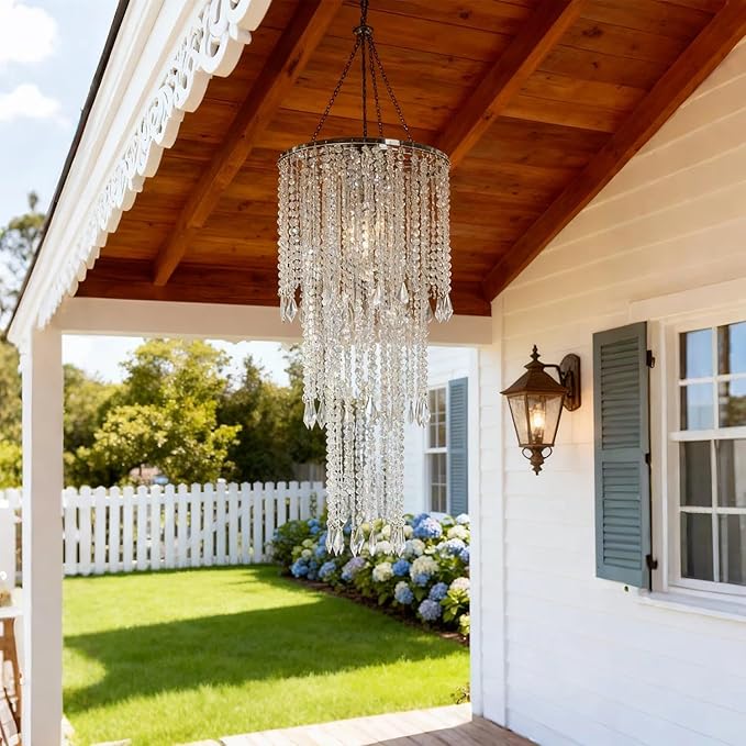 30" Tall Iridescent Hanging Beaded Chandelier 3 Tiers 10.25" Diameter for Wedding Fake Chandelier