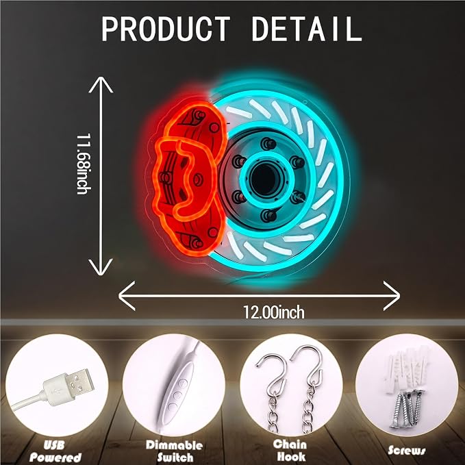 Brake Disc Neon Sign, USB Powered LED Garage Wall Decor |Automotive Wall Decor for Garage, Game Room, Bedroom, Workshop, Party Decoration and Car Enthusiast Gift