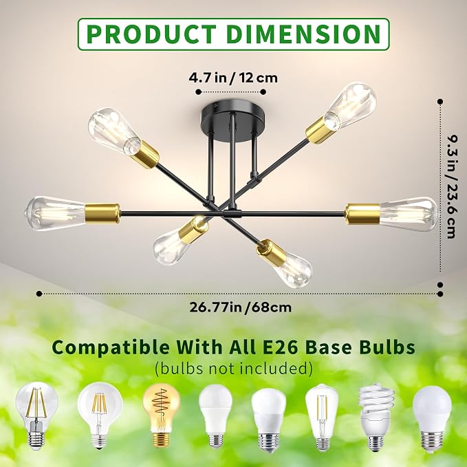Modern Sputnik Chandelier Ceiling Light Fixtures, 6-Lights 22” Mid Century Industrial Metal Semi Flush Mount for Dining Room, Bedroom, Living Room-Black and Gold