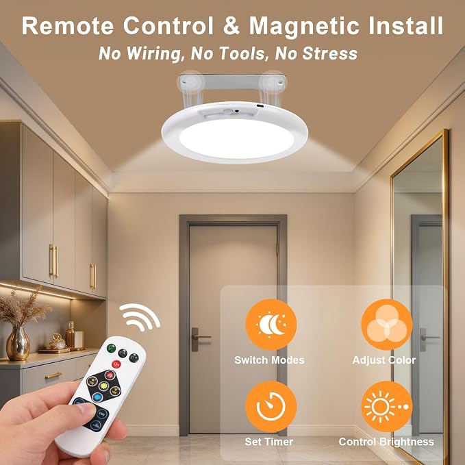 LNRYY 4Pack Rechargeable Motion Sensor Magnetic Ceiling Light with Remote | Wireless, Battery Operated, LED, 3 Color, Dimmable, Indoor, for Shower, Closet, Pantry, Living Room, Shed, Hallway, Porch