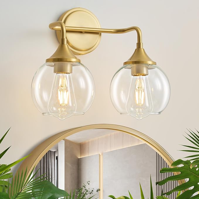 Gold Bathroom Vanity Light 2-Light Modern Vanity Lights 14" | Farmhouse Vanity Lighting Fixtures Over Mirror, Thickened Clear Glass Shade, UL E26 Dimmable Vanity Light Fixtures