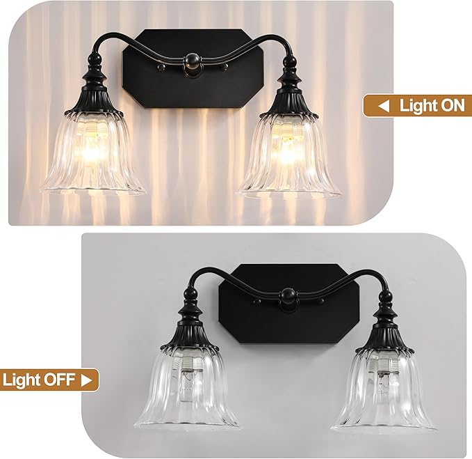 Bathroom Vanity Light Fixture, 2 Lights Bathroom Lighting Matte Antique Brass Finish with Crystal Glass Shade, Vintage Vanity Light for Bathrooms