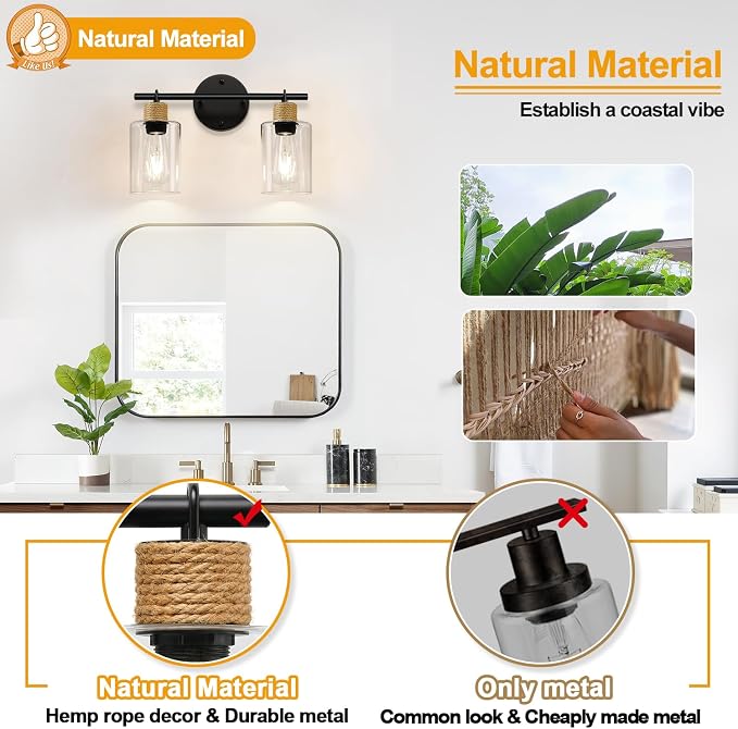 MOKATNG Bathroom Light Fixtures, 2-Light Farmhouse Vanity Lights with Hemp Rope, Black Bathroom Wall Lamp for Mirror Kitchen Hallway Cabinet