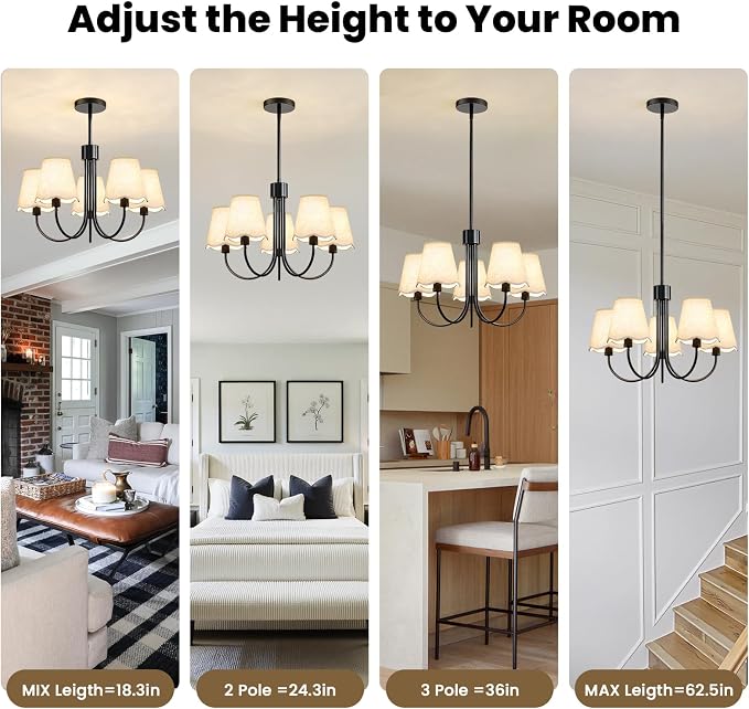 RUIYEY Modern Dining Room Chandelier - 20" 5-Light Black Chandeliers Light Fixture with Fabric Shades, Height Adjustable Mid-Century Pendant Lighting Over Table for Bedroom Living Room Kitchen Island