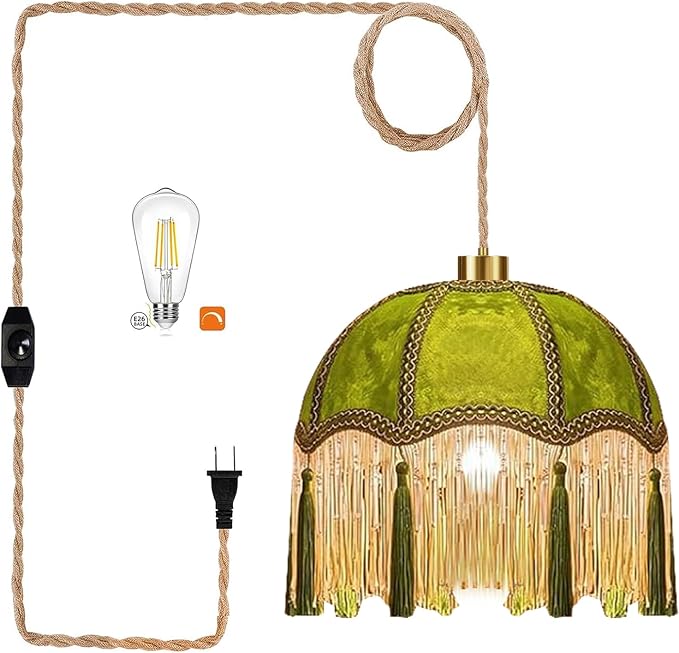 QIYIZM Plug in Pendant Light Boho Hanging Lights with Plug in Cord Fringe Green Hanging Lamp Gold Mid Century Modern Vintage Dimmable Tassel Flower Retro Plug in Chandelier Ceiling Fixture Victorian