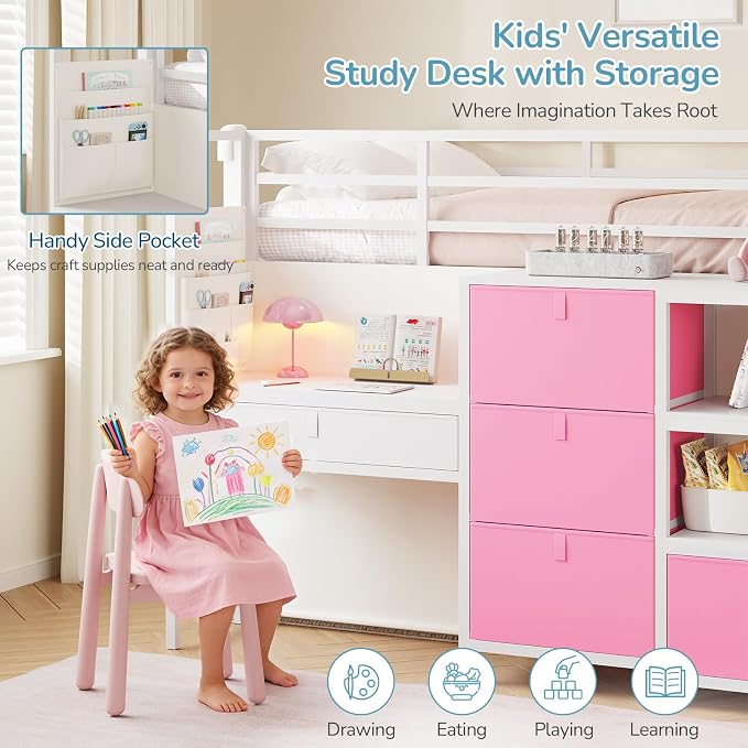 Low Loft Bed Twin Size with Desk, 6 Storage Drawers & Bookshelf, Kids Loft Bed with LED Lights & Under-Bed Play Space, Heavy Duty Metal Bed Frame with 13.8"H Safety Guardrail & Ladder, White and Pink