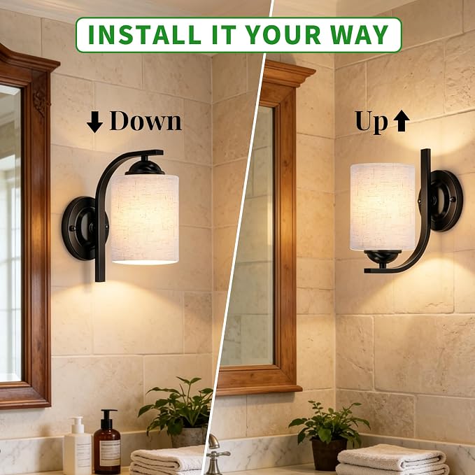 2-Pack Wall Sconces for Bedroom and Bathroom, Matte Black Farmhouse Wall Light Fixtures with Fabric Shade, Modern Vanity Wall Lamps for Living Room, Hallway, Kitchen