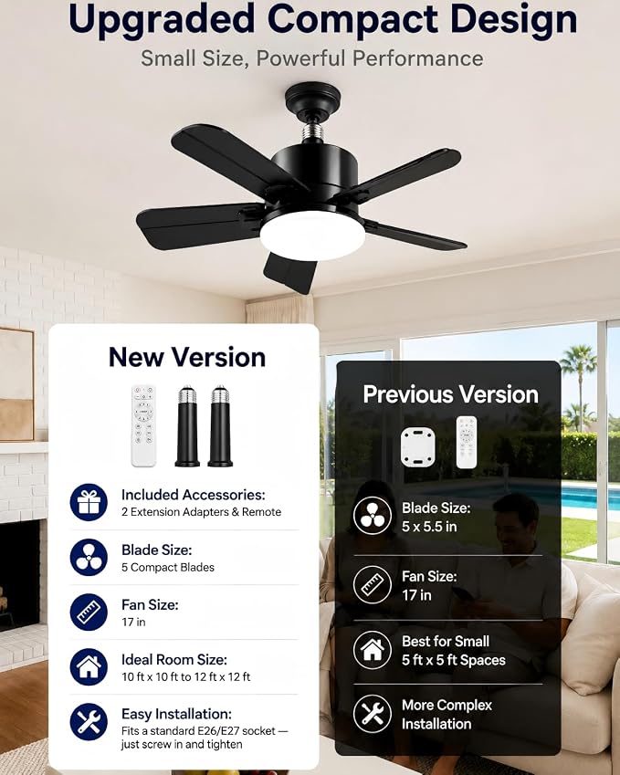 Ceiling Fan with Light, 17'' Flush Mount Low Profile Fan for Bedroom &Patio | Quiet Reversible DC Motor, 6-Speed, 3-Color Temp Dimmable LED Light with Remote & Timer, Indoor Small Ceiling Fan Black