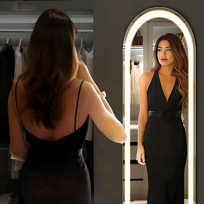 Alpen Arched LED Full Length Mirror, 63x21 Floor Mirror with 3 Color Lights | Adjustable LED Lighting Paired with Tempered Glass for Bedroom Decor, Dressing Room, Cloakroom and Home Decor Styling