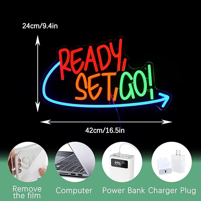 Ready Set Go Neon Sign for Game Room Colorful Game Neon Light Anime Gamer Led Light Sign Dimmable Gaming Light Up Sign for Boys Bedroom Man Cave Party (16.5 * 9.4 In)