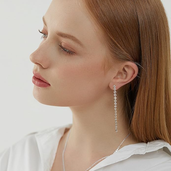Luxval Rhinestone Earrings Dangling for Women Sparkly Silver Dangle Earrings Girls Long Chandelier Earrings Tassel Lightweight Ear Studs Cubic Zirconia Crystal Statement