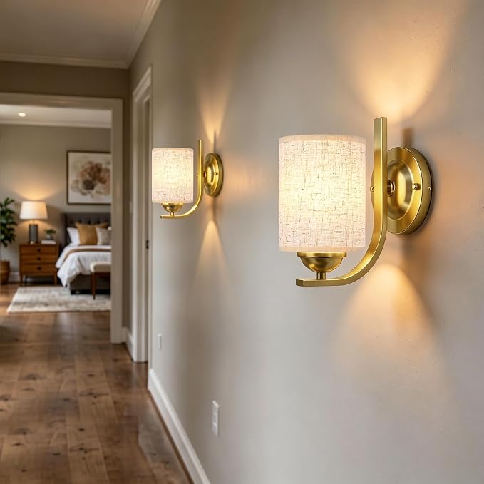 Wall Sconces Lights Lamp for Bedroom Bathroom, Modern Vanity Light Fixtures, Gold Farmhouse Wall Mount Lighting Lanterns with Fabric Shade for Living Room Mirror Hallway Kitchen