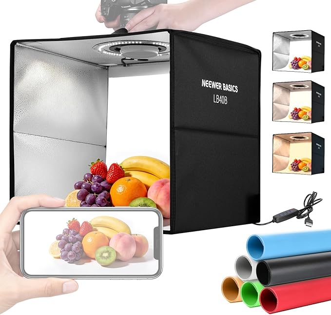 NEEWER Basics Photo Studio Light Box, 16"x16"x15" Bi Color Folding Photo Booth Shooting Tent with 6 Color Backdrops, 120 LEDs CRI95+ Dimmable for Tabletop Jewelry Electronics Food Photography, LB40B