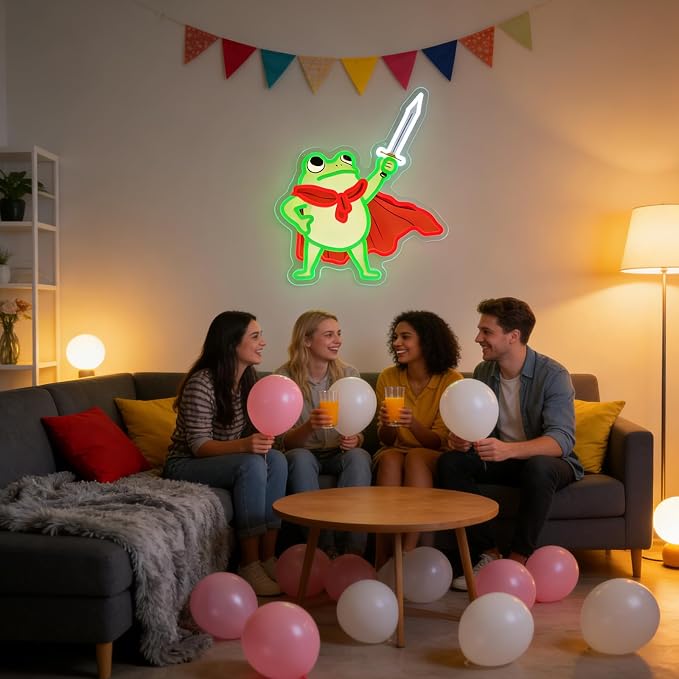 Frog Neon Sign, Frog with Sword LED Neon Lights Signs for Game Room Decor | UV-Printed Frog Warrior Art with Adjustable Brightness for Man Cave,Game Rooms,Bedrooms,Bar,and Frog Lover Gifts-USB Powered