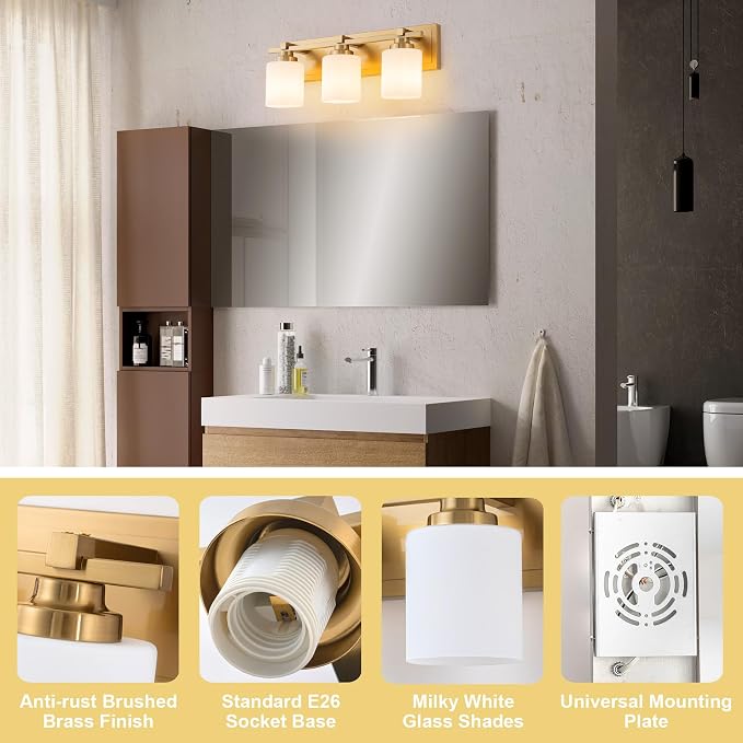 Modern Bathroom Light Fixtures Over Mirror, Vanity Lights for Bathroom Wall Sconces with Milky White Glass Shades, E26 Socket (Bulbs Not Included), 3 Light, Brass