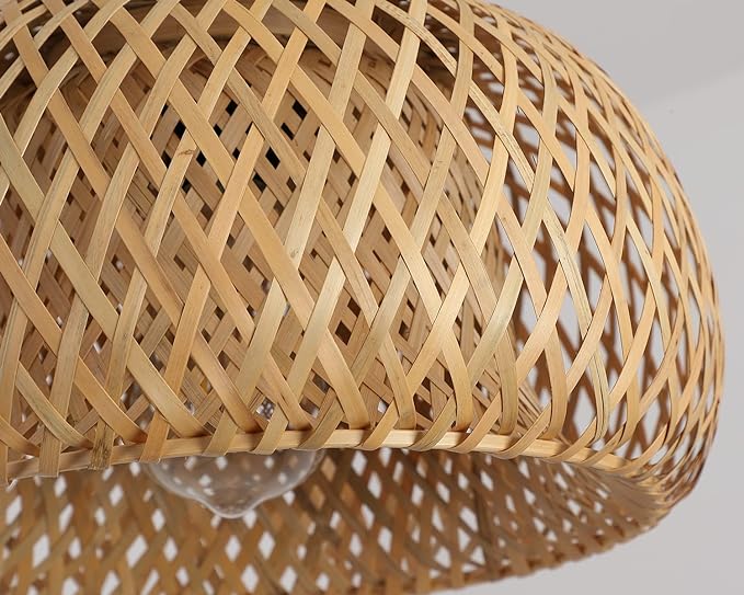 Bamboo Pendant Light Fixture One-Light Adjustable Boho Basket Handmade Woven Pendant Lighting for Kitchen Island Sink Farmhouse Dining Room