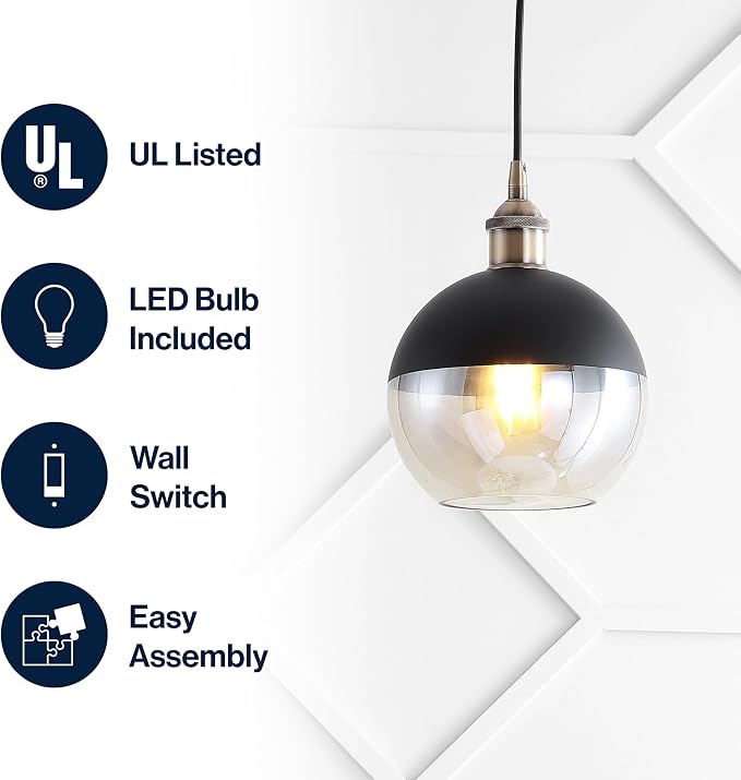 JONATHAN Y Nixon 1-Light 7.5" Globe Pendant, Brass Gold/Black | Mid-Century Modern, Adjustable, Champagne Smoked Glass Shade, LED Bulbs Included, Metal/Glass Kitchen Island Ceiling Fixture