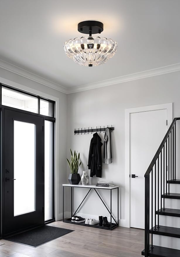 Semi Flush Mount Ceiling Light, Mini Vintage Black Close to Ceiling Light Fixture with Glass Shade, Modern Lighting for Bedroom Hallway Kitchen Laundry-Clear