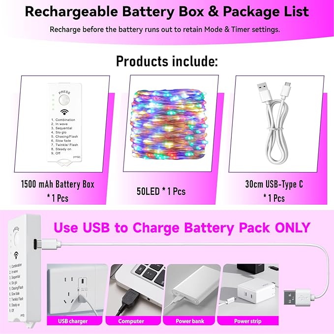 ZSJWL Rechargeable Fairy Lights with DIY Timer & 8 Modes, 16FT 50LED String Lights Battery Operated Indoor, Twinkle mini Lights for Bedroom Christmas Wedding Centerpiece Decor (Multicolor)