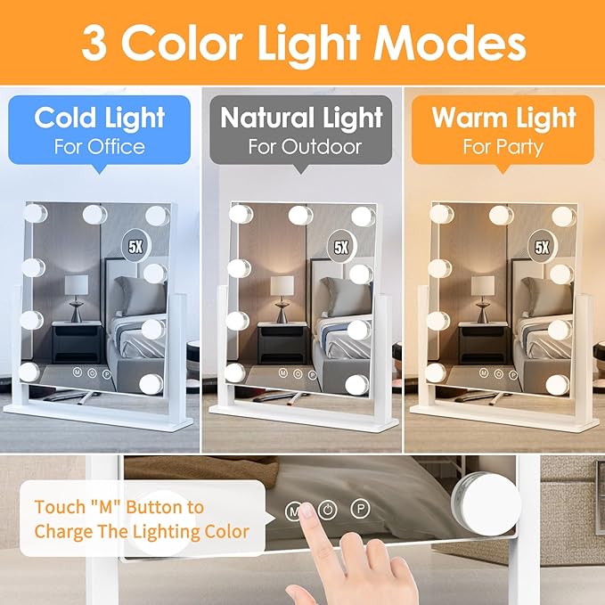 Dirket Vanity Mirror with Lights, Hollywood Lighted Makeup Mirror with 3 Color Lighting Modes and 9 Dimmable Bulbs, Detachable 5X Magnification, Smart Touch Control, 360°Rotation, White