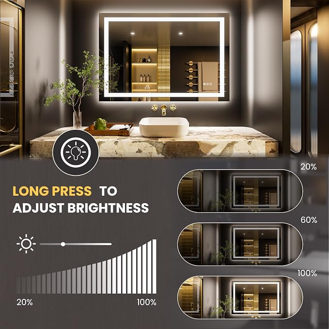 LOAAO 50"X36" LED Bathroom Mirror with Lights | Anti-Fog, Dimmable, 3 Color Temperature, Backlit + Front Lit, Memory Function, Tempered Glass, UL Listed