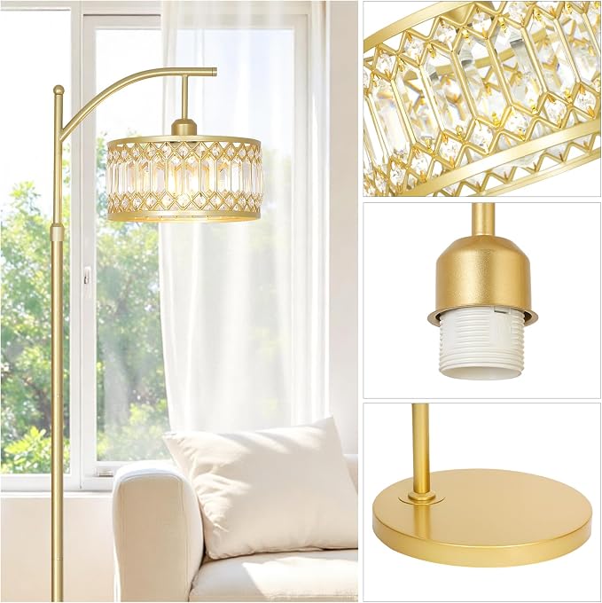 Gold Floor Lamp, Arc Floor Lamp for Bedroom, Standing Lamps for Living Room, Crystal Mid Century Modern Tall Lamp, Corner Stand Up Lamp, Height Adjustable Arched Brass Reading Lamps (Bulb Included)