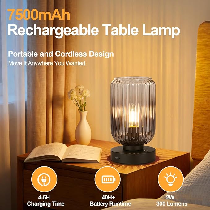 LigthRound Touch Table Lamp for Bedroom, Cordless Bedside Small Table Lamp, Dimmable Rechargeable Battery Operated Lamp for Nightstand, Bedside, Living Room, Desk, LED Bulb Included