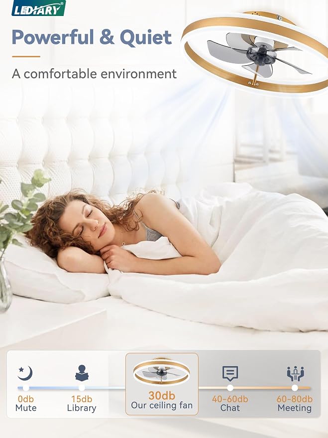 LEDIARY 19.7'' Modern Low Profile Ceiling Fans with Lights and Remote,Gold | 3000-6000K Dimmable LED, 6 Wind Speeds, Quiet Reversible DC Motor, Small Flush Mount Fandelier for Bedroom, Living Room
