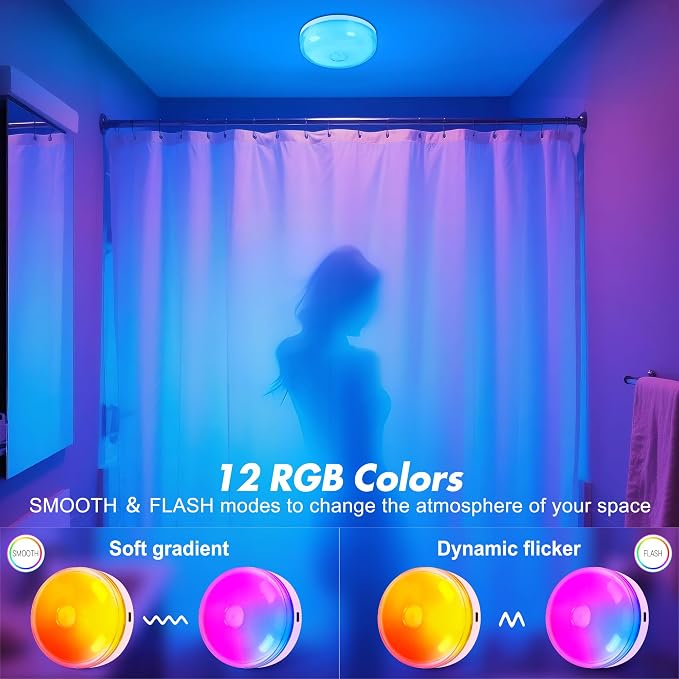 2-Pack Waterproof Shower Light No Wiring, Rechargeable Shower Lamp, White | 15 RGBW Color Mood Lighting with Remote Dimmable&Timer, LED Wireless Magnetic Ceiling/Wall Light for Bathroom Bathtub Closet
