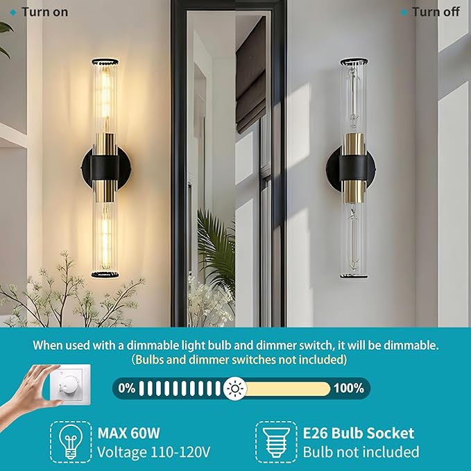 Bathroom Light Fixtures 2 Pack Hardwired, Black Gold Wall Sconce Threaded Glass Vanity Light Featuring Two E26 sockets, Bathroom Wall Light Dimmable - Bulb Not Included, UL Certification