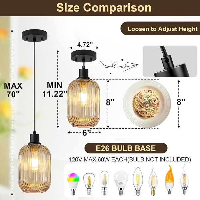 2 Pack Pendant Lights with Vintage Amber Ribbed Glass Lampshade, Adjustable Matte Black Pendant Lights Fixtures for Kitchen Island Lighting Sink, Dining & Living Room Hallway (Bulbs Not Included)