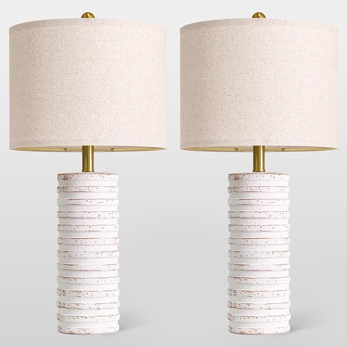 PoKat 27'' Tall Table Lamps for Living Room, Farmhouse Bedside Lamps Set of 2 for Bedroom, Rustic Ceramic Nightstand Lamps with Linen Lampshade Distressed Design for Office Entryway Hallyway (White)