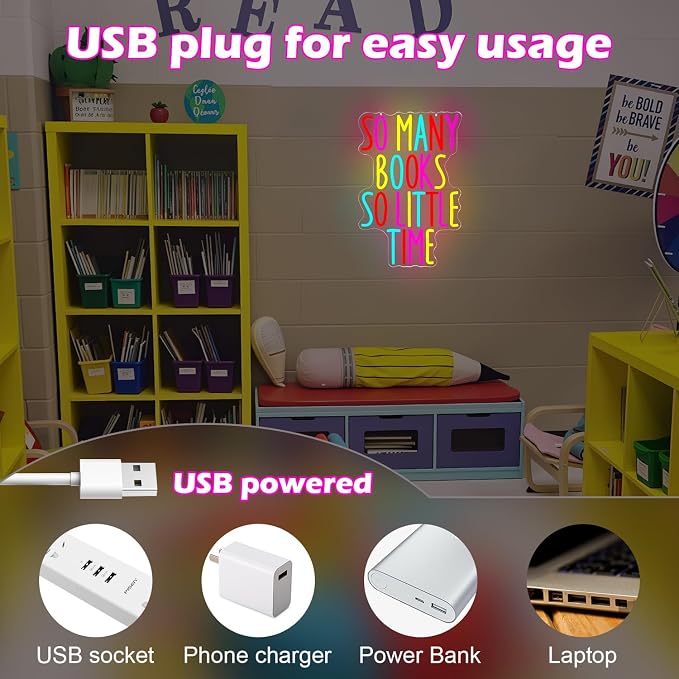 So Many Books So Little Time Neon Sign Classroom LED Sign for Wall Decor USB Powered Reading Neon Light Sign for Library Reading Room Colorful Light Up Books Sign for Teacher Classmate Study Neon Wall Art Gifts
