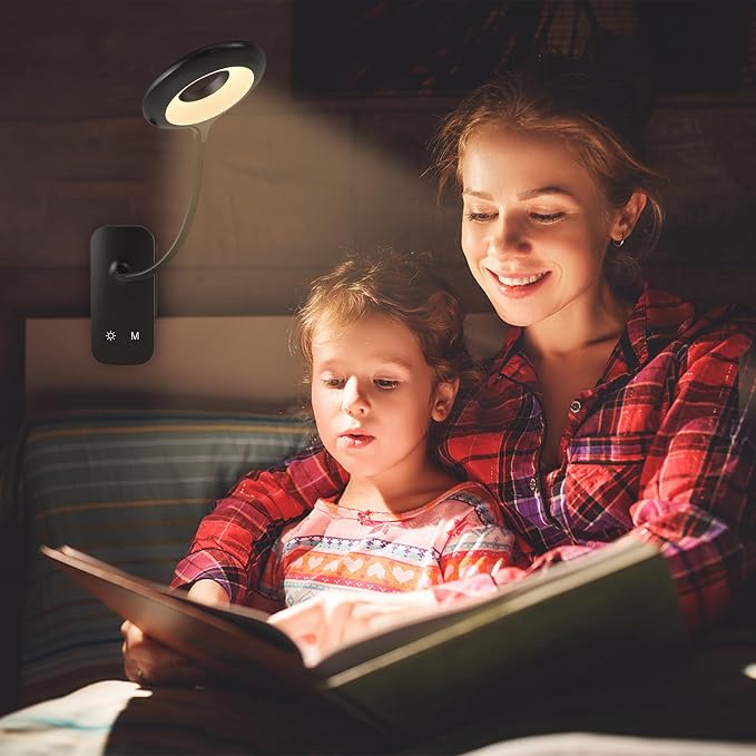 CUHIOY Rechargeable Clip on Reading Light for Bed Headboard, Black, 1 Pack | Strong Clamp USB-C Goose-Neck Night Light, 5 Colors 5 Brightness Desk Lamp for Bunk Bed Shelf, Perfect for Reading Working