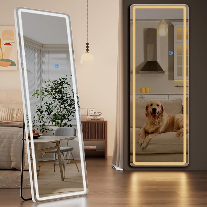 Koonmi Full Length Mirror with LED Lights, 65"x24" Lighted Mirror with Dimming & 3 Color Lighting, Big Mirror for Bedroom, Dressing Room, Rectangle,White