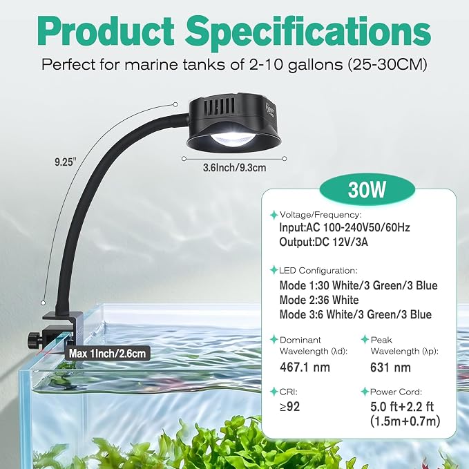 hygger Clip On LED Aquarium Light, 24/7 Cycle Fish Tank Light with Timer | 30W Full Spectrum Fish Tank Light for 2-10 Gal Freshwater Tank,Planted Tank Light Adjustable Color /Brightness, Auto On Off