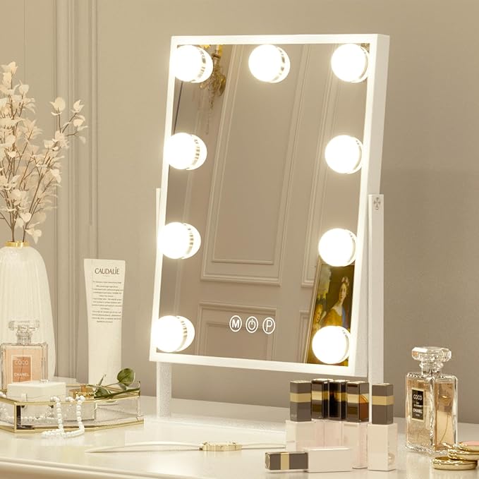 FENCHILIN Vanity Mirror with Light Lighted Makeup Mirror Vanity Smart Touch Control 3Colors Dimmable Detachable 10X Magnification Tabletop 360°Rotation(White)
