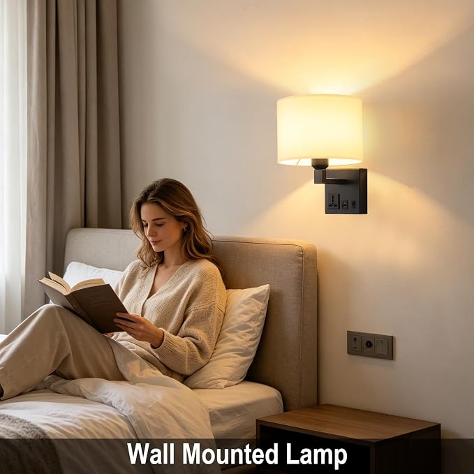 Plug in Wall Sconce, Wall Lamp with Black Base Cylindrical Shape | Wall Lamps for Bedroom Living Room Hotel, Dimmable 1pcs Bulb Included, Bedside Lamp with AC Outlet & USBA+C Charging Port