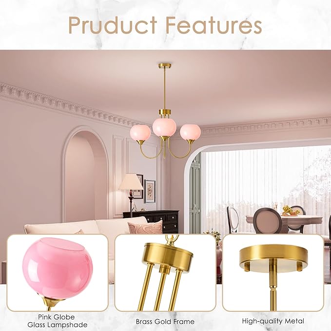 Pink Glass Globe Chandelier 3 Light Mid Century Modern Chandeliers with Rod Vintage Art Decor Ceiling Light Fixtures for Dining Room Kitchen Living Room