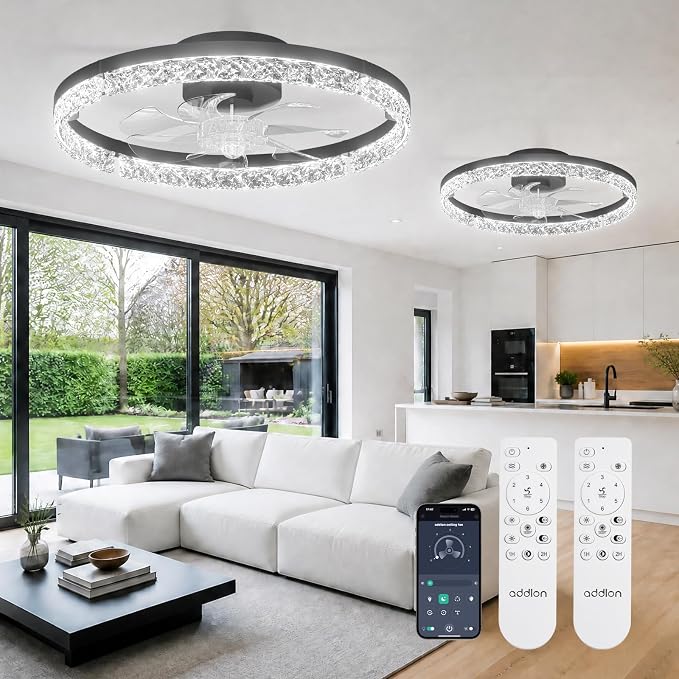 addlon 2 Pack 20 Inch Low Profile Ceiling Fans with Lights, Remote, Black | Flush Mount Fandelier, 3CCT Dimmable LED, Bluetooth App/Remote, Timer, Memory, Reversible DC Motor, Bedroom/Kids room