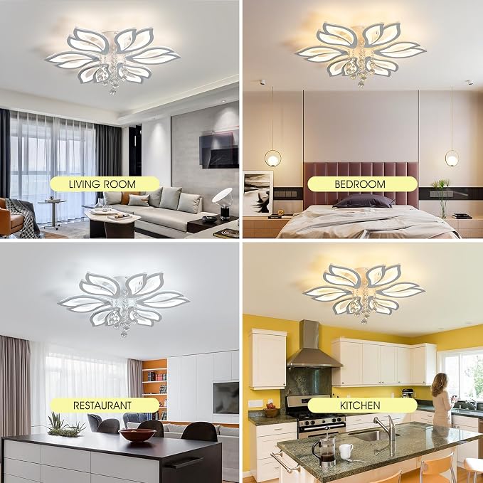 Garwarm 26" Modern LED Ceiling Light Fixture, Dimmable Crystal Flush Mount | Flower Ceiling Light with Remote Control, Adjustable Color Temperature 3000K-6500K, Crystal LED Lamp for Bedroom Living Room
