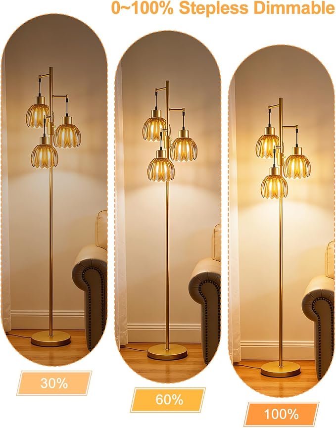 Lightdot 65'' Glass Floor Lamp Dimmable Gold with Brown Lotus Glass Shade & 3000K Bulbs Included 3-Lights Modern Tall Standing Lamp with 5Lbs Heavy Base for Living Room/Bedroom/Sofa/Corner Decor