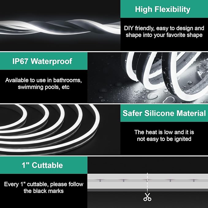 Neon Rope Lights 32.8ft, 6000K White Dimmable LED Strip Lights, 24V Flexible Cuttable IP67 Waterproof LED Rope Lights for Bedroom Indoor Outdoor (Power Adapter Included)