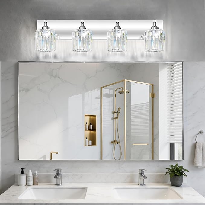 Brushed Chrome Crystal Bathroom Vanity Light, 4-Light Modern Bathroom Lighting Fixtures Over Mirror,Chrome Wall Sconce Light Fixtures with Round Shade